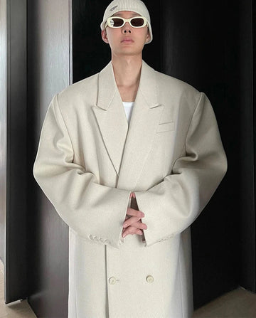 Autumn Winter  Long Beige Oversized Thick Warm Soft Wool & Blends Coat Men Double Breasted Loose Korean Fashion